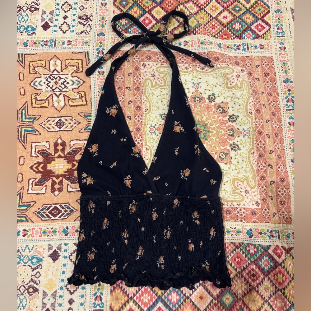 American Eagle Navy Halter Top with Floral Accents